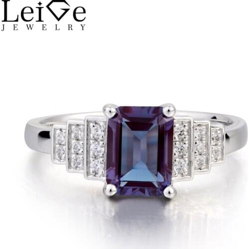 Leige Jewelry Wedding Ring Lab Alexandrite Ring Emerald Cut Gemstone June Birthstone Solid 925 Sterling Silver Anniversary Gifts