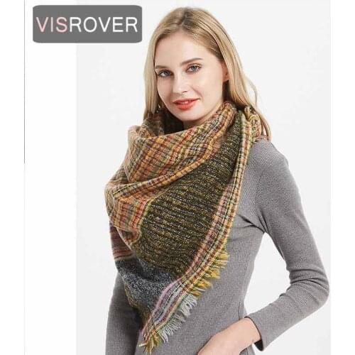 VISROVER woman winter plaid scarves with soft handfeeling lady winter shawl with triangle shape checked winter wraps wholesales