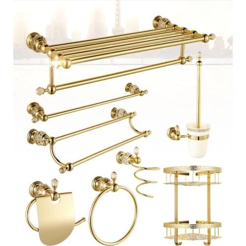Top high quality solid brass gold finish Bathroom Accessories Set,Robe hook,Paper Holder,Towel Bar,Soap basket,bathroom sets