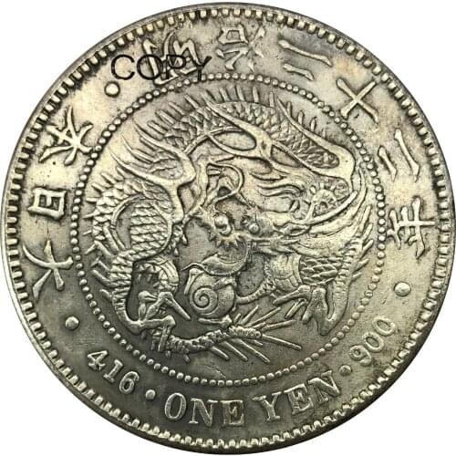Japan 1 Yen Meiji Dragon 22 Years 1889 Brass Plated Silver Copy Coins