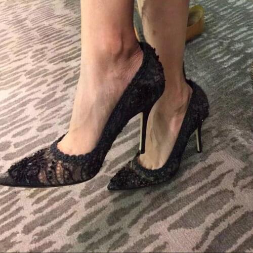 Handmade Shoes Woman 2021 Summer Thin Heels Pumps Pointed Lace Beaded High Heel Sandals Shallow Mouth Black Party Single Shoe
