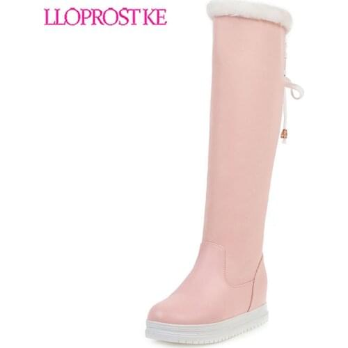 Lloprost ke 2020 new knee high boots women round toe slip on winter keep warm boots casual platform snow boots womens big size