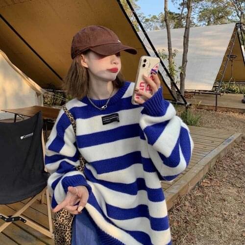Woman stripe Sweaters Autumn Winter 2021 New Pullovers Long Sleeve O-Neck Loose Knitted Korean Tops Casual Preppy Style Jumper
