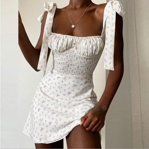 Women Sleeveless Tie Shoulder Sexy Floral Mini Dress Summer Robe Femme Arrival Ruched Sweet Print Sundress Vestidos Mujer Verano