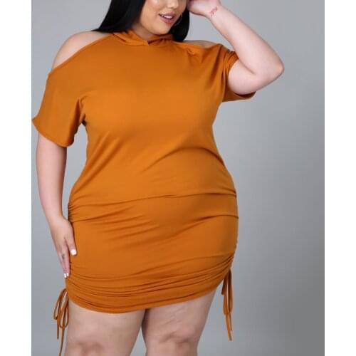 Plus Size Women Clothing Dress Large Big Size Solid Bodycon Cold Shoulder Hooded Mini Length Fashion Causal Daily Wear Dress New