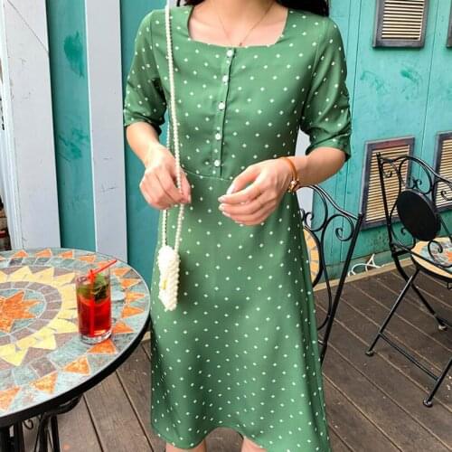 2020 summer new romantic French print Square Collar dress female half sleeve retro casual dress