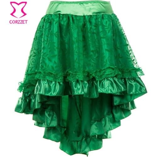 Retro Green Floral Tulle Asymmetrical Satin & Lace Steampunk Skirts Lace Midi Skirt Plus Size Fluffy Skirt for Women