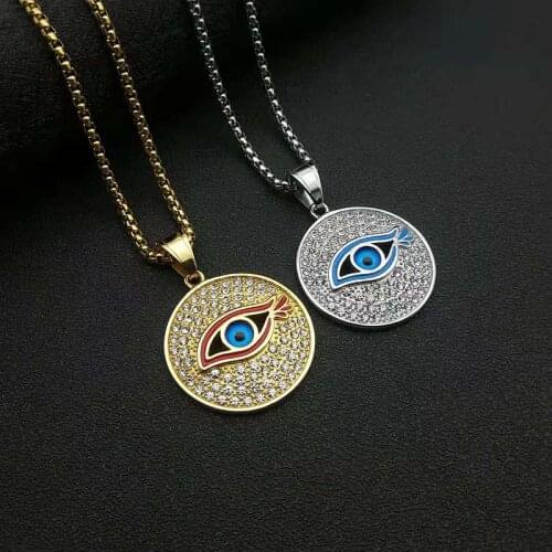 Gold silver color Male Stainless Steel with rhinestone Punk Round Horus Eye Pendant Necklace for Women