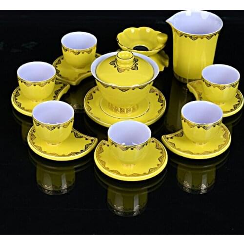 Chinese tea set lunxry yellow royal kungfu ceremony tea set porcelana china tea set gift