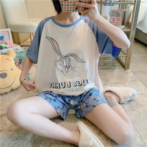2021 Summer Pajamas Short Sleeve Shorts Korean Cartoon Bunny Home Suit Round Neck Short Sleeve Set Summer Cartoon Sleepwear
