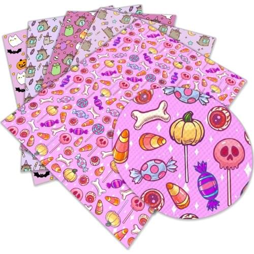 Halloween Day Printed Faux Leather Pumpkin Cartoon Candy Sheets for Bow Centers Bag Earring DIY Decoration Crafts A4 22*30CM