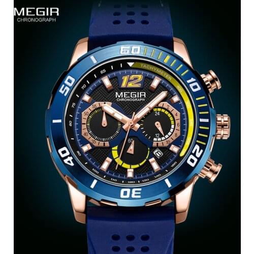 MEGIR Military Sport Watches Men Blue Chronograph Luminous Wristwatch Man Luxury Silicone Strap Quartz Watch Мужские часы Reloj