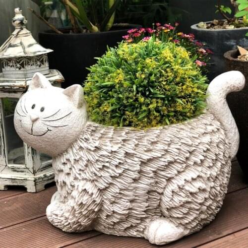 Pastoral Cement Cute Cat Fleshy Flower Pot Ornaments Outdoor Garden Figurines Crafts Courtyard Park Villa Furnishing Decoration