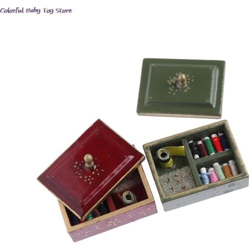 Mini Vintage Wood Miniature Doll House Sewing Box Doll House Furniture Decor Accessories Toy Gift 1/12 Scale