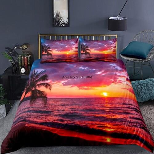Landscape Sunset Glow Print Duver Cover&Pillowcase 3D Bedding Set Beach&Palm Tree Printed Quilt Cover Soft Home Textiles