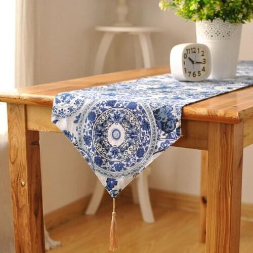 Chinese Style Blue white Porcelain Pattern Table Runner Linen Cotton Crafts Floral Tea Table Flag Runners Home Textile Decor