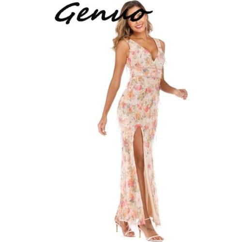 Genuo New 2019 Women Summer Dress Vintage Sexy Elegant Party Night Dresses Sequined Backless Long Dress Plus Size