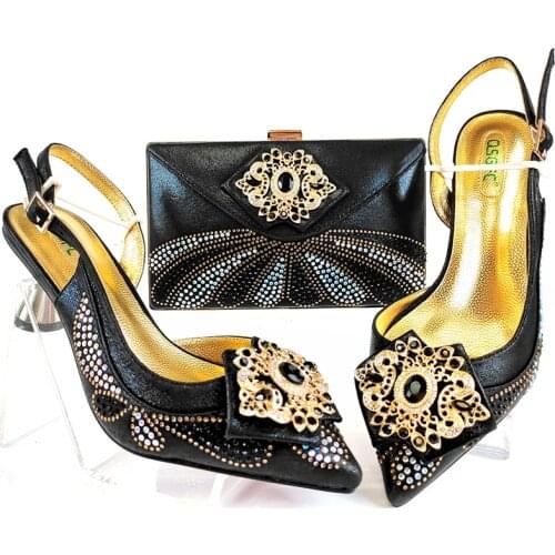New Arrival Noble Italian design Elegant Style Ladies Shoes and Bag Set Decorated With Rhinestone in Yellow Color for Party