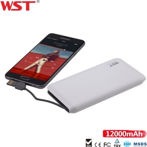 WST Original 12000mAh Slim Power Bank Charger with Built in Cable Portable External Battery Universal Charger for Cellphone
