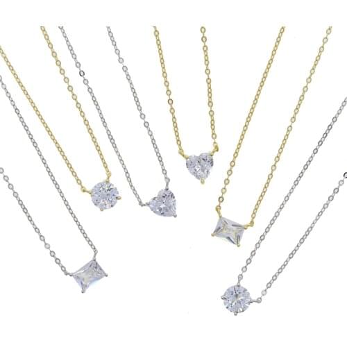 Square Round Heart Cubic Zirconia CZ Paved Gold Plated 925 Sterling Silver Minimal Delicate Single Stone Simple Necklace