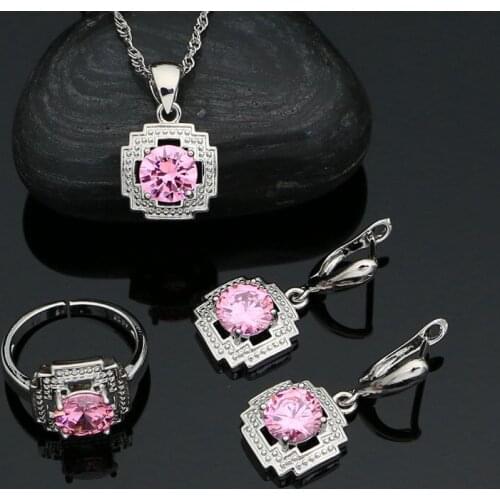 Pink Cubic Zirconia 925 Sterling Silver Jewelry Set Open Ring Pendant Earring Chain Romantic Wedding Jewelry for Women