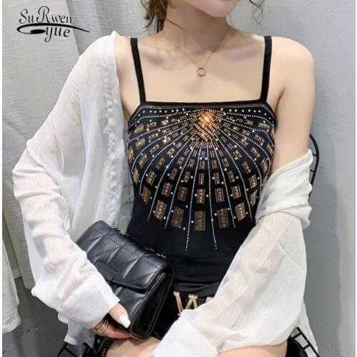 Sexy Vests Women 2020 Summer Vintage Black Mesh Tops Diamonds Slim Fit Korean Fashion Plus Size Tanks Tops Clothes 9497