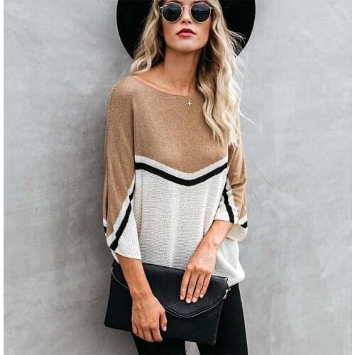 Knitting Contrast Color O Neck Long Sleeve Simplicity Loose T Shirt Women Summer Streetwear Elegant Office Work Wear Tops