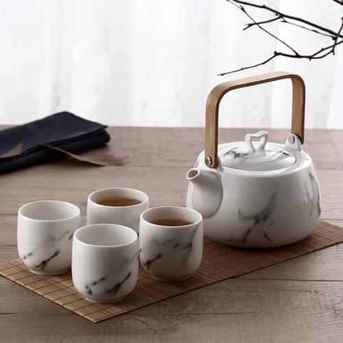 Japanese Simple Marble Pattern Ceramic Tea Set Including 1 Pot and 4 Cups Creative Flower Teapot Afternoon Tea Cup Drinkware