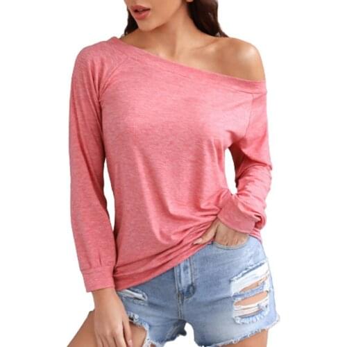 Women T-shirt Solid Color Off Shoulder Autumn Long Sleeve Slash Neck Strapless Pullover Streetwear