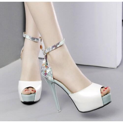 Women sandals PU Buckle Strap 12CM Thin Heels High heels Peep Toe Shallow women shoes sandalias mujer 2020 size 35-42 black