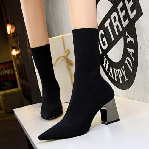 BIGTREE Stretch Lycral Square Heel Concise Womens Boots Pointed Toe High Heels 7cm Boots Women Fashion Short Boots