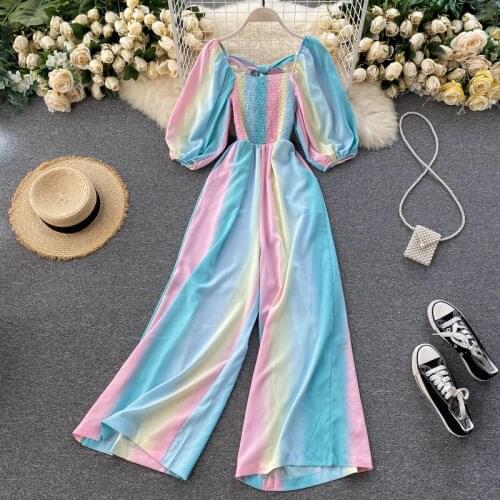 Summer womens jumpsuit 2021 new pleated design sense gradient rainbow color fashion puff sleeve waist wide leg jumpsuit women