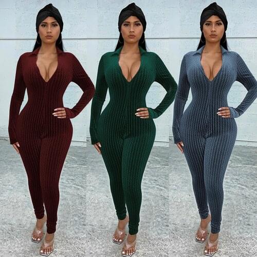 Women Long Sleeve Finger Skinny Jumpsuit New Fall Sexy Deep V Neck Zipper Bodycon Long Bodysuits Ladies Club Party Velvet Romper