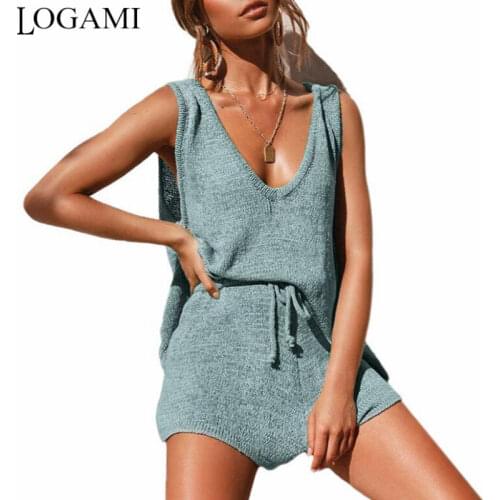 LOGAMI Knitting Two Piece Set Top and Shorts Women V Neck Loose Sexy Summer Beach 2 Pieces Sets
