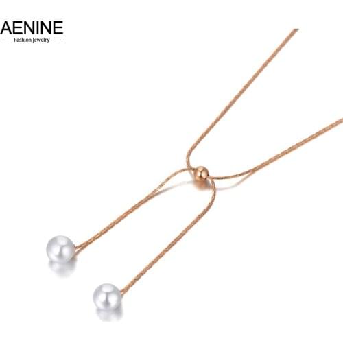 AENINE Rose Gold Double White Pearl Charm Pendant Necklaces For Women Trendy Titanium Steel Bohemia Party Necklace AN20156