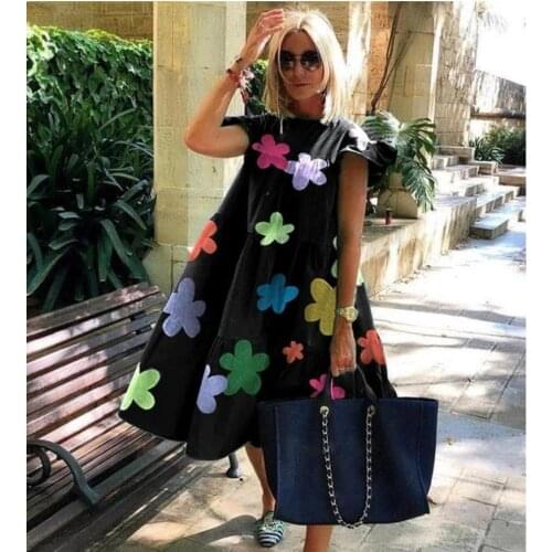 Women Vintage Floral Print Loose A-Line Dress 2020 Summer O-neck Petal Short Sleeve Dress Elegant Casual Party Dress 2XL Vestido