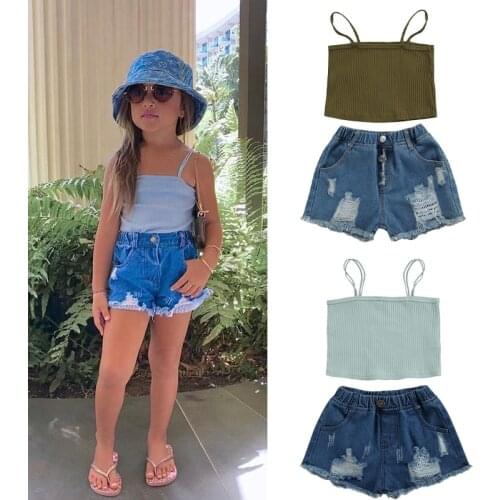2-7Years Summer Kids Girls Clothes Sets 2pcs Knitted Sleeveless Tanks Tops+Button Ripped Hole Jeans Shorts Casual Outfits