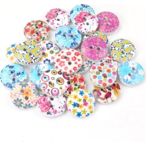 2 Holes Mixed Flower Round Natural Wooden Decorative Buttons For Sewing Scrapbooking Crafts 30pcs 15mm