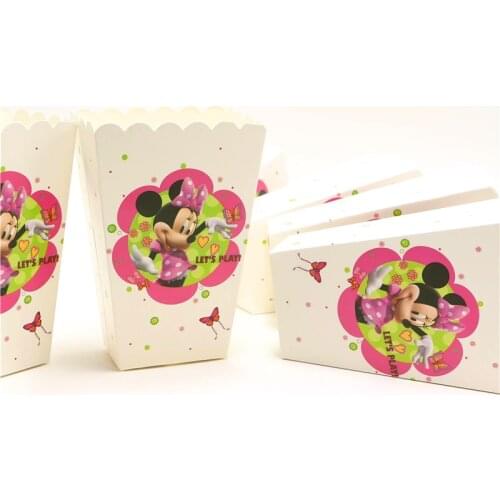 6pcs Minnie Mouse Kids Favors Popcorn Boxes Baby Shower Decoration Paper Minnie Gift Box Happy Birthday Tableware Party Supplies