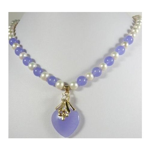 Free shipping 7-8mm white pearl +green/purple/red heart jades pendant necklace jewelry