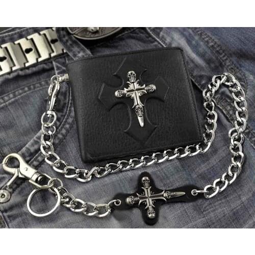Skull Cross Mens Leather Bifold ID Card Money Wallet W/ Jeans Chain