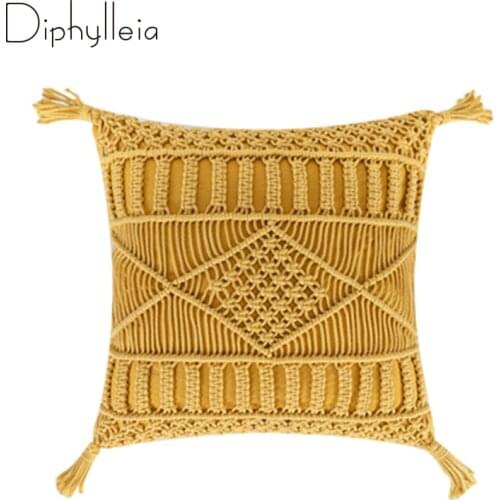Diphylleia Hand Woven Cotton Thread Cushion Cover With Tassels Colorful Macrame Geometry Bohemia Ethnic Pillow Case 18x18Inch