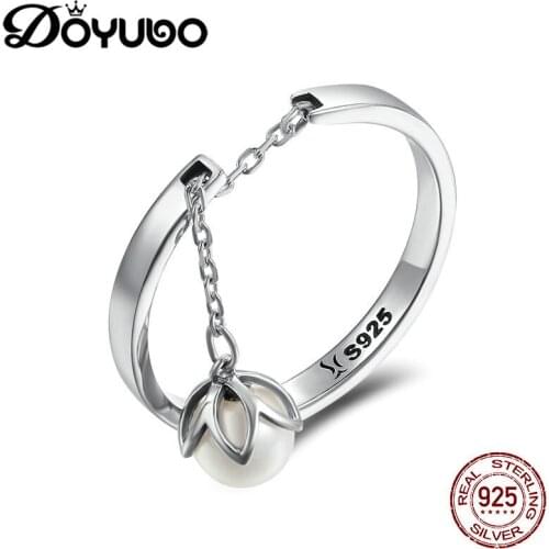 DOYUBO Luxury Adjustable Size Silver Flower Rings With High Quality Pearl European Brand Design Pure Silver Rings Jewelry AGB014