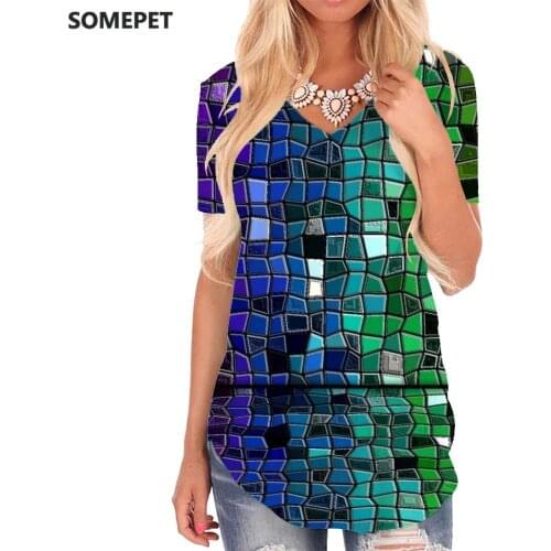 SOMEPET Geometry T-shirt women Colorful V-neck Tshirt Abstract Shirt Print Painting T-shirts 3d Womens Clothing Punk Rock Loose