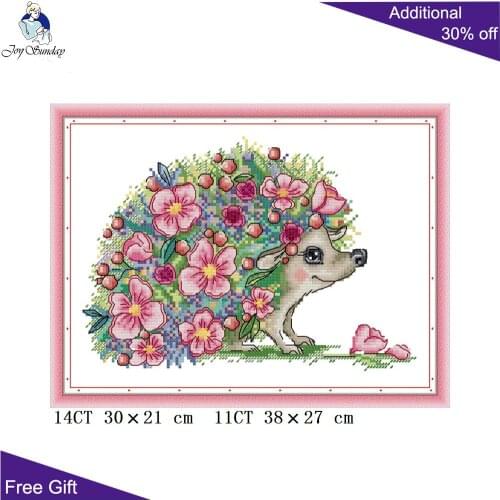 Joy Sunday Beautiful Hedgehog DA482 14CT 11CT Counted and Stamped Flowers Hedgehog Animal Home Decor Cross Stitch kits