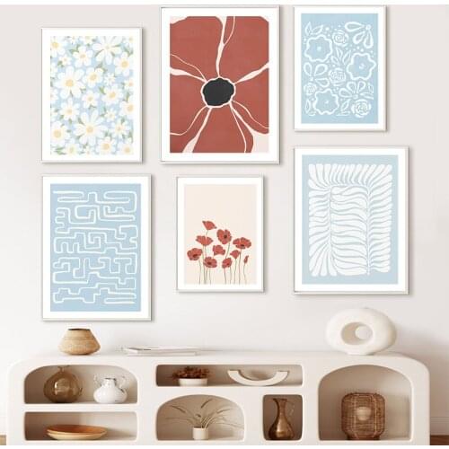 Daisy Poppy Vase Flowers Blue Abstract Wall Art Canvas Painting Nordic Posters And Prints Wall Pictures For Living Room Decor