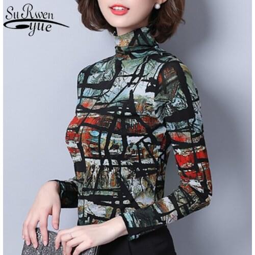 Korean Fashion Clothing Casual Turtleneck Long Sleeve Shirt Women Autumn Print Tops Blusas Mujer De Moda 2019 7468 50