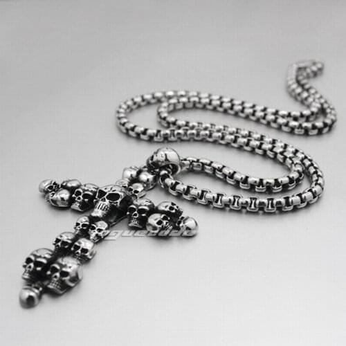 LINSION Gothic Skull Cross Pendant 316L Stainless Steel Mens Biker Rock Punk Style 6H010 Stainless Steel Necklace 24inches