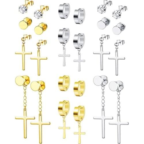 12 Pairs Stainless Steel Cross Pendant Earrings Set Mens Hinged Hoop Earrings Punk Huggie CZ Stud Earrings
