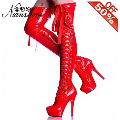 Sexy Patent leather Riband Hollow Over the knee Boots 15CM High heeled shoes Red Crystal Thin heels Nightclub Pole Dance 6inches